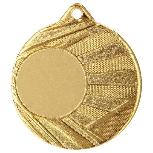 Złoty medal sportowy ME006/G – okrągły medal śr. 5 cm z miejscem na emblemat i wzorem promieni słonecznych. Idealna nagroda na zawody sportowe, turnieje szkolne i klubowe.