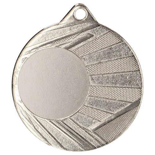 Srebrny medal sportowy ME006/S – okrągły medal śr. 5 cm z miejscem na emblemat i wzorem promieni słonecznych. Idealna nagroda na zawody sportowe, turnieje szkolne i klubowe.