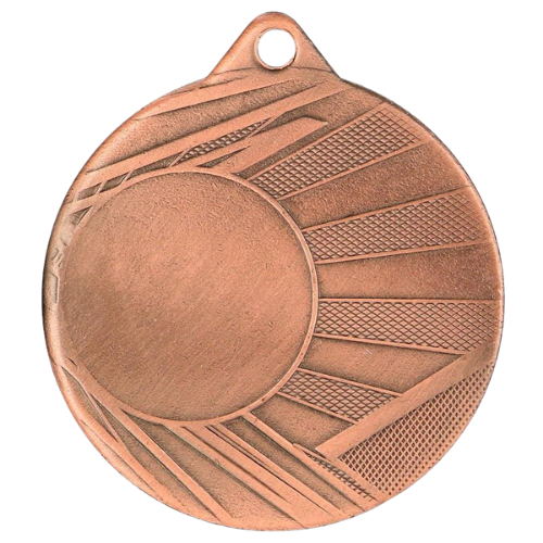 Brązowy medal sportowy ME006/B – okrągły medal śr. 5 cm z miejscem na emblemat i wzorem promieni słonecznych. Idealna nagroda na zawody sportowe, turnieje szkolne i klubowe.