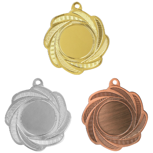 Medale sportowe złoty srebrny brązowy MMC1350 – okrągłe medale śr. 5 cm z miejscem na emblemat i wzorem wiru. Idealna nagroda na zawody sportowe, turnieje szkolne i klubowe.