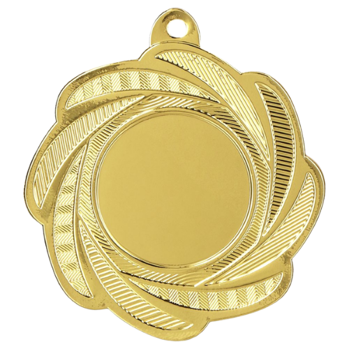 Złoty medal sportowy MMC1350/G – okrągły medal śr. 5 cm z miejscem na emblemat i wzorem wiru. Idealna nagroda na zawody sportowe, turnieje szkolne i klubowe.