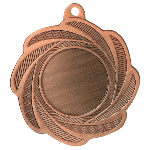 Brązowy medal sportowy MMC1350/B – okrągły medal śr. 5 cm z miejscem na emblemat i wzorem wiru. Idealna nagroda na zawody sportowe, turnieje szkolne i klubowe.