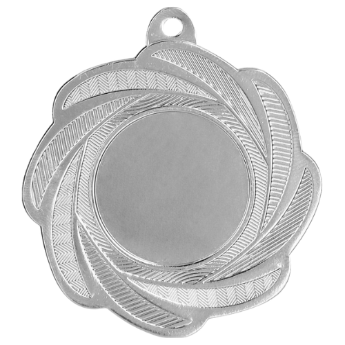 Srebrny medal sportowy MMC1350/S – okrągły medal śr. 5 cm z miejscem na emblemat i wzorem wiru. Idealna nagroda na zawody sportowe, turnieje szkolne i klubowe.