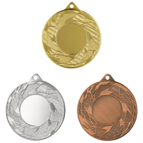 Medale sportowe złoty srebrny brązowy MMC42050 – okrągłe medale śr. 5 cm z miejscem na emblemat i wzorem gałązek. Idealna nagroda na zawody sportowe, turnieje szkolne i klubowe.