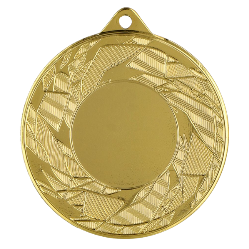 Złoty medal sportowy MMC42050/G – okrągły medal śr. 5 cm z miejscem na emblemat i wzorem gałązek. Idealna nagroda na zawody sportowe, turnieje szkolne i klubowe.