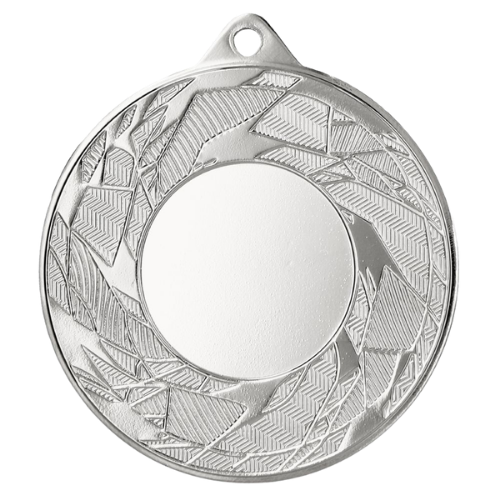 Srebrny medal sportowy MMC42050/S – okrągły medal śr. 5 cm z miejscem na emblemat i wzorem gałązek. Idealna nagroda na zawody sportowe, turnieje szkolne i klubowe.