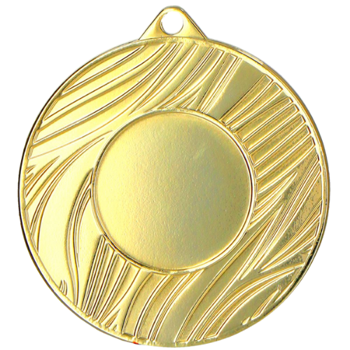 Złoty medal sportowy MMC43050/G – okrągły medal śr. 5 cm z miejscem na emblemat i wzorem drewna. Idealna nagroda na zawody sportowe, turnieje szkolne i klubowe.