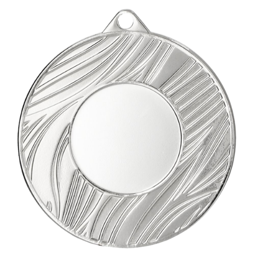 Srebrny medal sportowy MMC43050/S – okrągły medal śr. 5 cm z miejscem na emblemat i wzorem drewna. Idealna nagroda na zawody sportowe, turnieje szkolne i klubowe.
