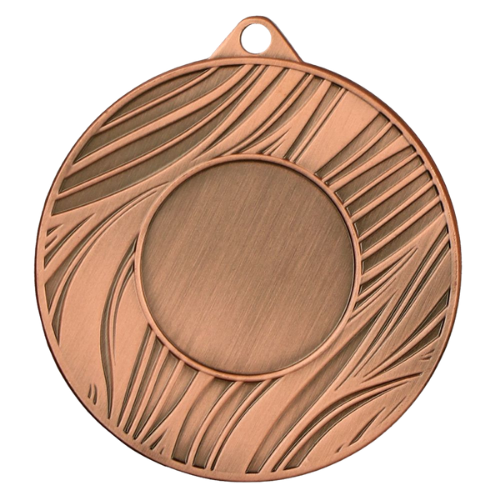 Brązowy medal sportowy MMC43050/B – okrągły medal śr. 5 cm z miejscem na emblemat i wzorem drewna. Idealna nagroda na zawody sportowe, turnieje szkolne i klubowe.