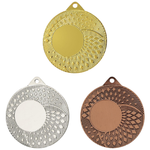 Medale sportowe złoty srebrny brązowy MMC31050 – okrągłe medale śr. 5 cm z miejscem na emblemat i wzorem siatki. Idealna nagroda na zawody sportowe, turnieje szkolne i klubowe.