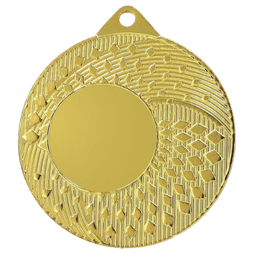 Złoty medal sportowy MMC31050/G – okrągły medal śr. 5 cm z miejscem na emblemat i wzorem siatki. Idealna nagroda na zawody sportowe, turnieje szkolne i klubowe.
