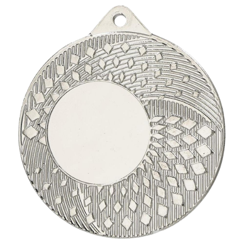 Srebrny medal sportowy MMC31050/S – okrągły medal śr. 5 cm z miejscem na emblemat i wzorem siatki. Idealna nagroda na zawody sportowe, turnieje szkolne i klubowe.