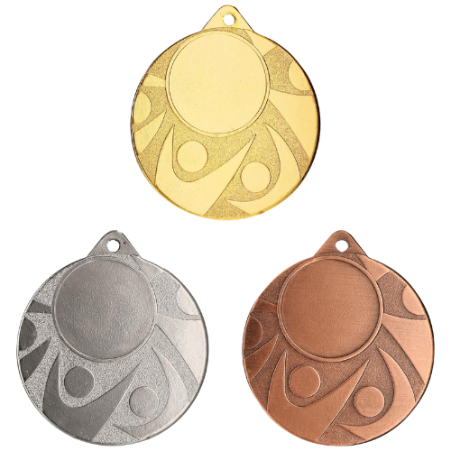 Medale sportowe złoty srebrny brązowy MMC5850 – okrągłe medale śr. 5 cm z miejscem na emblemat i wzorem łuków. Idealna nagroda na zawody sportowe, turnieje szkolne i klubowe.
