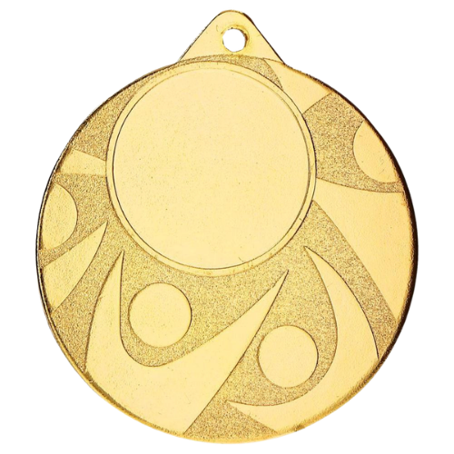 Złoty medal sportowy MMC5850/G – okrągły medal śr. 5 cm z miejscem na emblemat i wzorem łuków. Idealna nagroda na zawody sportowe, turnieje szkolne i klubowe.