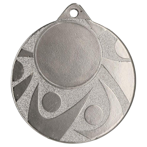 Srebrny medal sportowy MMC5850/S – okrągły medal śr. 5 cm z miejscem na emblemat i wzorem łuków. Idealna nagroda na zawody sportowe, turnieje szkolne i klubowe.