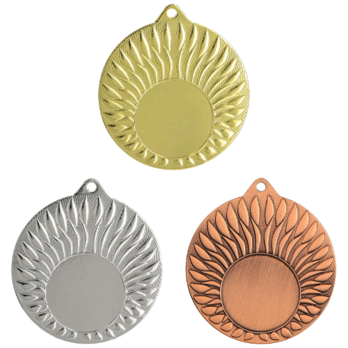 Medale sportowe złoty srebrny brązowy MMC24050 – okrągłe medale śr. 5 cm z miejscem na emblemat i wzorem płomieni. Idealna nagroda na zawody sportowe, turnieje szkolne i klubowe.