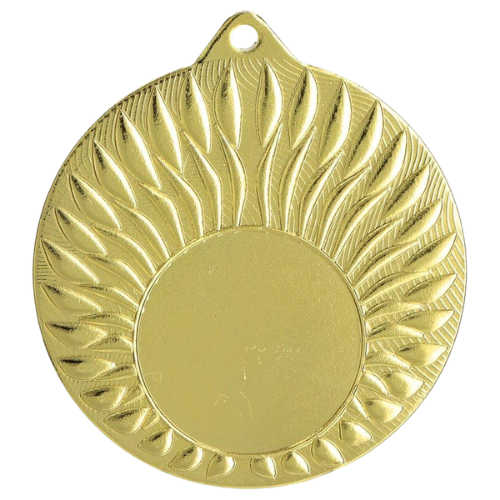 Złoty medal sportowy MMC24050/G – okrągły medal śr. 5 cm z miejscem na emblemat i wzorem płomieni. Idealna nagroda na zawody sportowe, turnieje szkolne i klubowe.