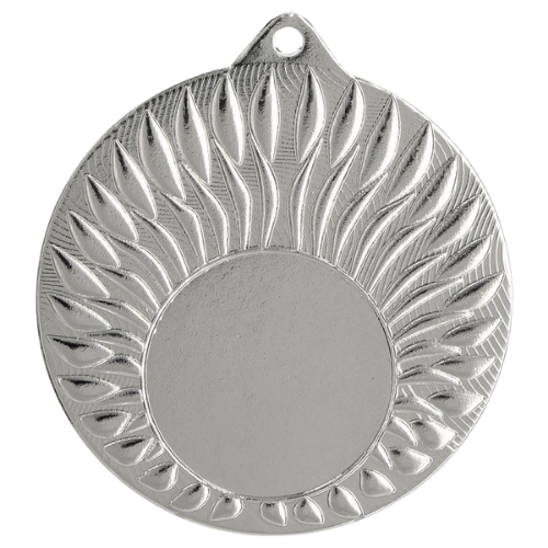 Srebrny medal sportowy MMC24050/S – okrągły medal śr. 5 cm z miejscem na emblemat i wzorem płomieni. Idealna nagroda na zawody sportowe, turnieje szkolne i klubowe.