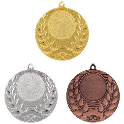 Medale sportowe złoty srebrny brązowy MMC1750 – okrągłe medale śr. 5 cm z miejscem na emblemat i wieńcem laurowym. Idealna nagroda na zawody sportowe, turnieje szkolne i klubowe.