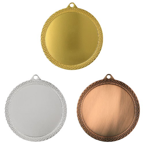 Medale sportowe złoty srebrny brązowy MMC6062 – duże okrągłe medale śr. 6 cm z szerokim miejscem na emblemat i zdobionym rantem. Idealna nagroda na zawody sportowe, turnieje szkolne i klubowe.