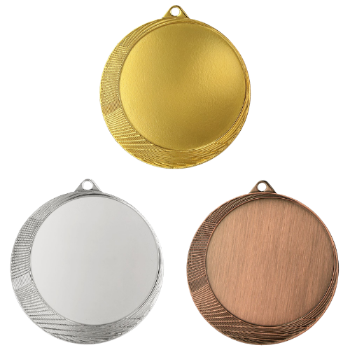 Medale sportowe złoty srebrny brązowy MMC6063 – duże okrągłe medale śr. 6 cm z szerokim miejscem na emblemat i subtelnym wzorem na rancie. Idealna nagroda na zawody sportowe, turnieje szkolne i klubowe.