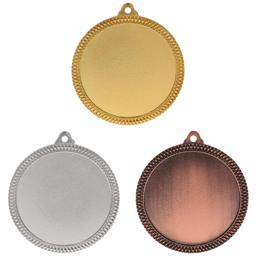 Medale sportowe złoty srebrny brązowy MMC6060 – duże okrągłe medale śr. 6 cm z szerokim miejscem na emblemat i zdobionym rantem. Idealna nagroda na zawody sportowe, turnieje szkolne i klubowe.