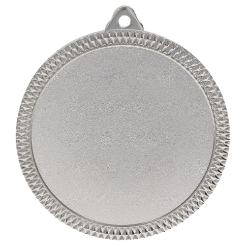 Srebrny medal sportowy MMC6060/S – duży okrągły medal śr. 6 cm z szerokim miejscem na emblemat i zdobionym rantem. Idealna nagroda na zawody sportowe, turnieje szkolne i klubowe.