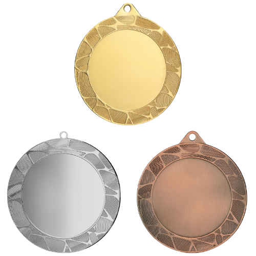 Medale sportowe złoty srebrny brązowy ME7001 – duże okrągłe medale śr. 7 cm z szerokim miejscem na emblemat. Idealna nagroda na zawody sportowe, turnieje szkolne i klubowe.