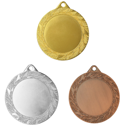Medale sportowe złoty srebrny brązowy MMC0270 – duże okrągłe medale śr. 7 cm z miejscem na emblemat i wzorem liści. Idealna nagroda na zawody sportowe, turnieje szkolne i klubowe.