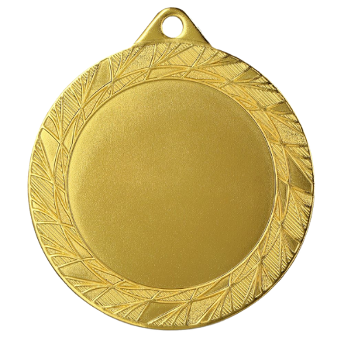 Złoty medal sportowy MMC0270/G – duży okrągły medal śr. 7 cm z miejscem na emblemat i wzorem liści. Idealna nagroda na zawody sportowe, turnieje szkolne i klubowe.