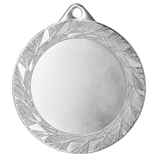 Srebrny medal sportowy MMC0270/S – duży okrągły medal śr. 7 cm z miejscem na emblemat i wzorem liści. Idealna nagroda na zawody sportowe, turnieje szkolne i klubowe.