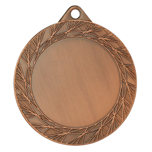 Brązowy medal sportowy MMC0270/B – duży okrągły medal śr. 7 cm z miejscem na emblemat i wzorem liści. Idealna nagroda na zawody sportowe, turnieje szkolne i klubowe.
