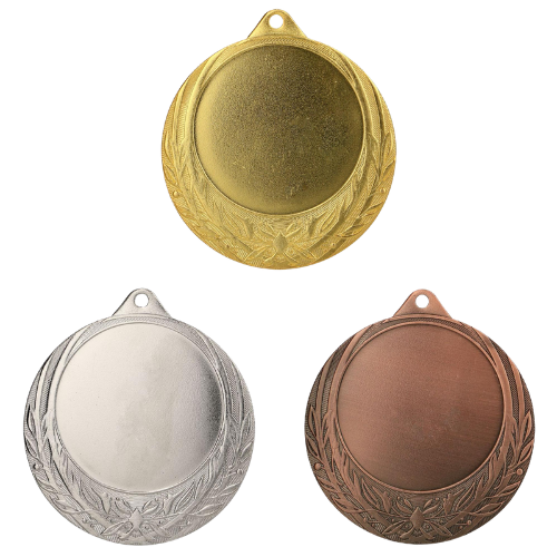 Medale sportowe złoty srebrny brązowy ME0170 – duże okrągłe medale śr. 7 cm z miejscem na emblemat i wzorem liści. Idealna nagroda na zawody sportowe, turnieje szkolne i klubowe.