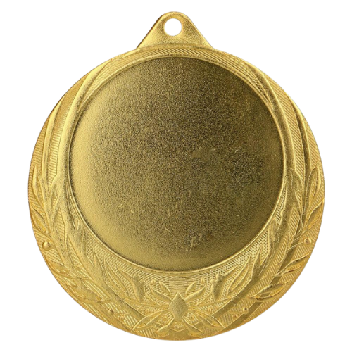 Złoty medal sportowy ME0170/G – duży okrągły medal śr. 7 cm z miejscem na emblemat i wzorem liści. Idealna nagroda na zawody sportowe, turnieje szkolne i klubowe.