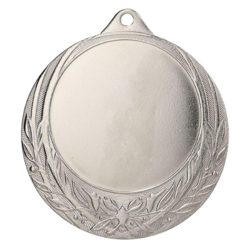 Srebrny medal sportowy ME0170/S – duży okrągły medal śr. 7 cm z miejscem na emblemat i wzorem liści. Idealna nagroda na zawody sportowe, turnieje szkolne i klubowe.
