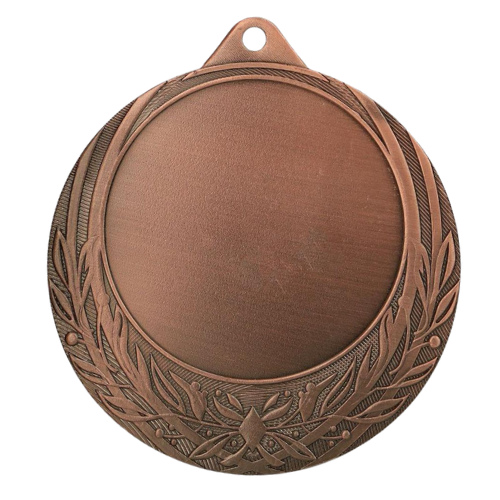 Brązowy medal sportowy ME0170/B – duży okrągły medal śr. 7 cm z miejscem na emblemat i wzorem liści. Idealna nagroda na zawody sportowe, turnieje szkolne i klubowe.