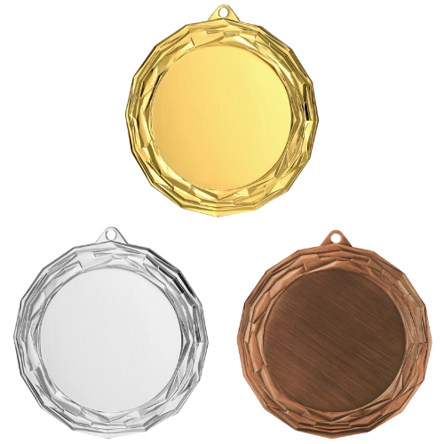 Medale sportowe złoty srebrny brązowy MMC7075 – duże okrągłe medale śr. 7 cm z miejscem na emblemat i diamentowym wzorem. Idealna nagroda na zawody sportowe, turnieje szkolne i klubowe.