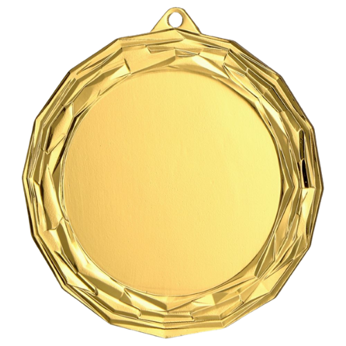 Złoty medal sportowy MMC7075/G – duży okrągły medal śr. 7 cm z miejscem na emblemat i diamentowym wzorem. Idealna nagroda na zawody sportowe, turnieje szkolne i klubowe.