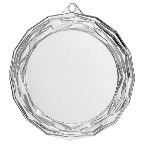 Srebrny medal sportowy MMC7075/S – duży okrągły medal śr. 7 cm z miejscem na emblemat i diamentowym wzorem. Idealna nagroda na zawody sportowe, turnieje szkolne i klubowe.