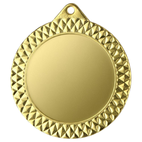 Złoty medal sportowy MMC1270/G – duży okrągły medal śr. 7 cm z miejscem na emblemat i wzorem kratki. Idealna nagroda na zawody sportowe, turnieje szkolne i klubowe.