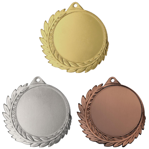 Medale sportowe złoty srebrny brązowy MMC7010 – duże okrągłe medale śr. 7 cm z miejscem na emblemat i wieńcem laurowym. Idealna nagroda na zawody sportowe, turnieje szkolne i klubowe.