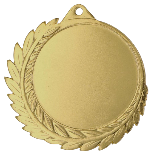 Złoty medal sportowy MMC7010/G – duży okrągły medal śr. 7 cm z miejscem na emblemat i wieńcem laurowym. Idealna nagroda na zawody sportowe, turnieje szkolne i klubowe.