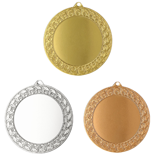 Medale sportowe złoty srebrny brązowy MMC7074 – duże okrągłe medale śr. 7 cm z miejscem na emblemat i ornamentowym wzorem na rancie. Idealna nagroda na zawody sportowe, turnieje szkolne i klubowe.