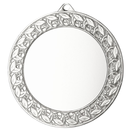 Srebrny medal sportowy MMC7074/S – duży okrągły medal śr. 7 cm z miejscem na emblemat i ornamentowym wzorem. Idealna nagroda na zawody sportowe, turnieje szkolne i klubowe.