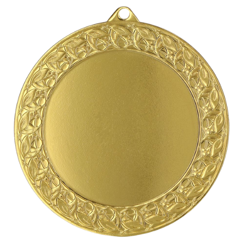 Złoty medal sportowy MMC7074/G – duży okrągły medal śr. 7 cm z miejscem na emblemat i ornamentowym wzorem. Idealna nagroda na zawody sportowe, turnieje szkolne i klubowe.