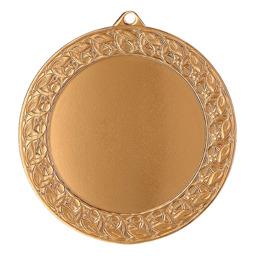 Brązowy medal sportowy MMC7074/B – duży okrągły medal śr. 7 cm z miejscem na emblemat i ornamentowym wzorem. Idealna nagroda na zawody sportowe, turnieje szkolne i klubowe.