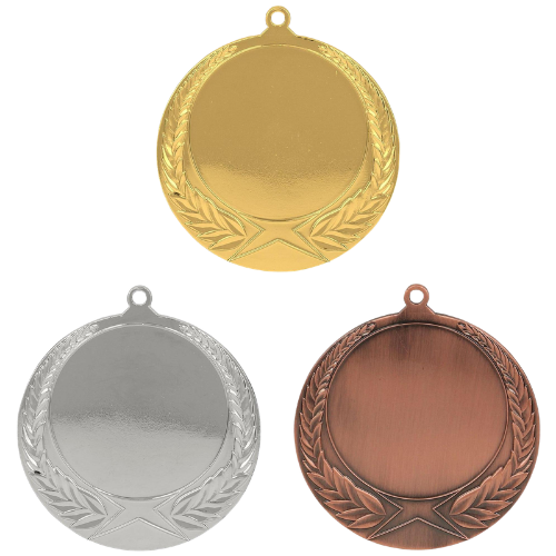 Medale sportowe złoty srebrny brązowy MMC1170 – duże okrągłe medale śr. 7 cm z miejscem na emblemat i wieńcem laurowym u dołu. Idealna nagroda na zawody sportowe, turnieje szkolne i klubowe.