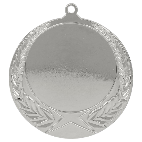 Srebrny medal sportowy MMC1170/S – duży okrągły medal śr. 7 cm z miejscem na emblemat i wieńcem laurowym. Idealna nagroda na zawody sportowe, turnieje szkolne i klubowe.