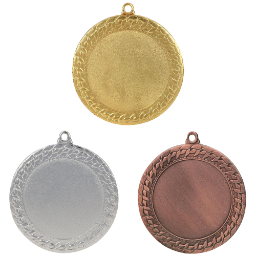 Medale sportowe złoty srebrny brązowy MMC2072 – duże okrągłe medale śr. 7 cm z miejscem na emblemat i plecionym wzorem na rancie. Idealna nagroda na zawody sportowe, turnieje szkolne i klubowe.