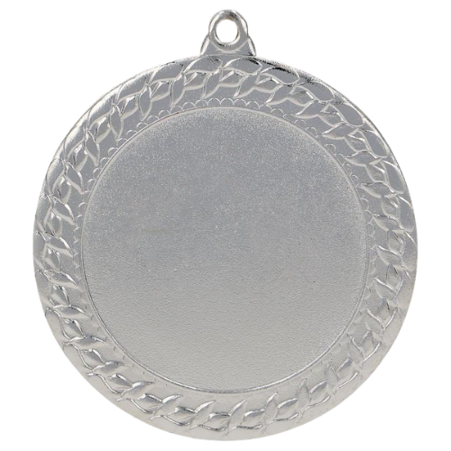 Srebrny medal sportowy MMC2072/S – duży okrągły medal śr. 7 cm z miejscem na emblemat i plecionym wzorem. Idealna nagroda na zawody sportowe, turnieje szkolne i klubowe.